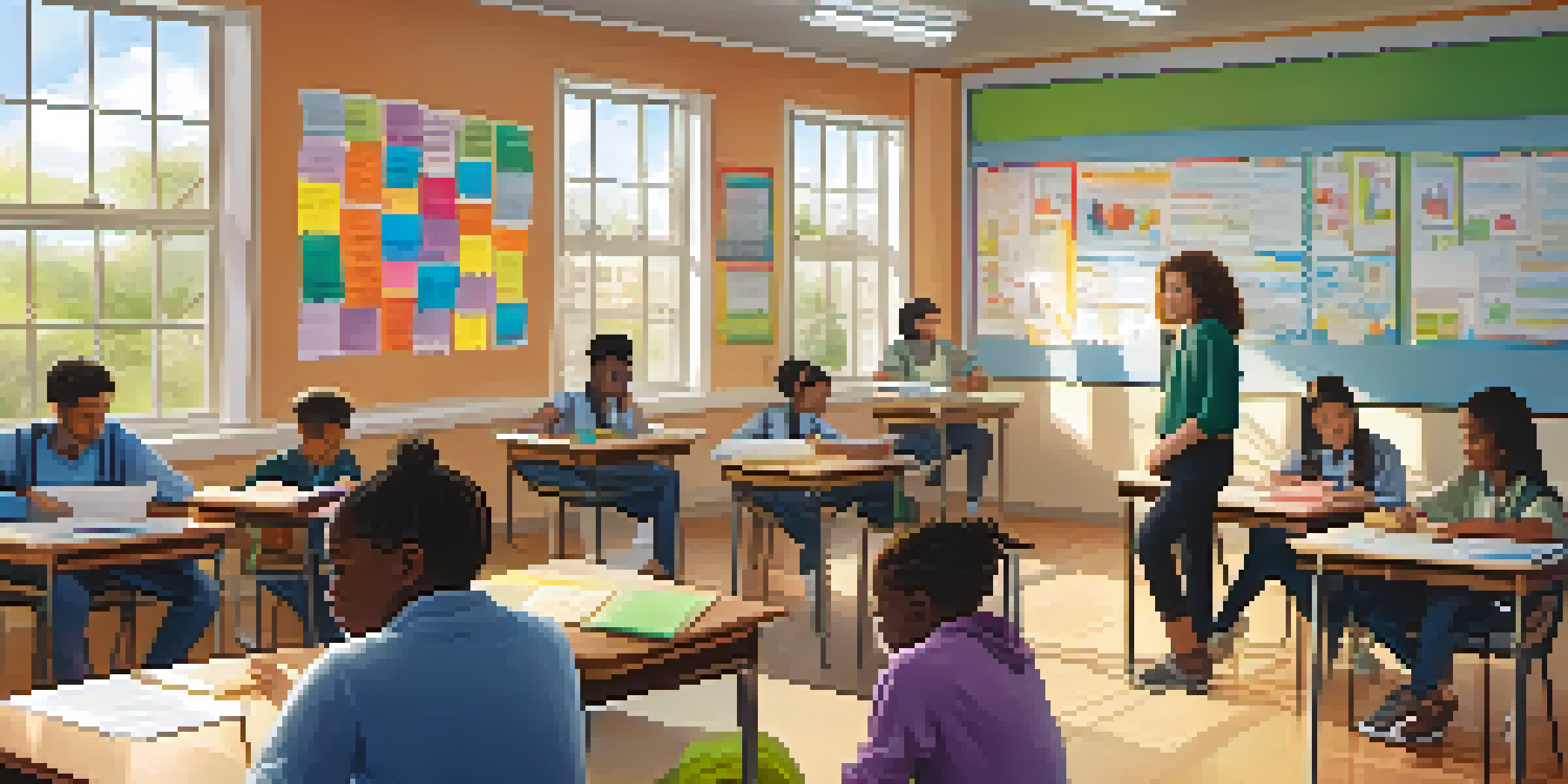 A teacher watches students collaborating in a well-lit classroom, with posters on the walls promoting mental health awareness.