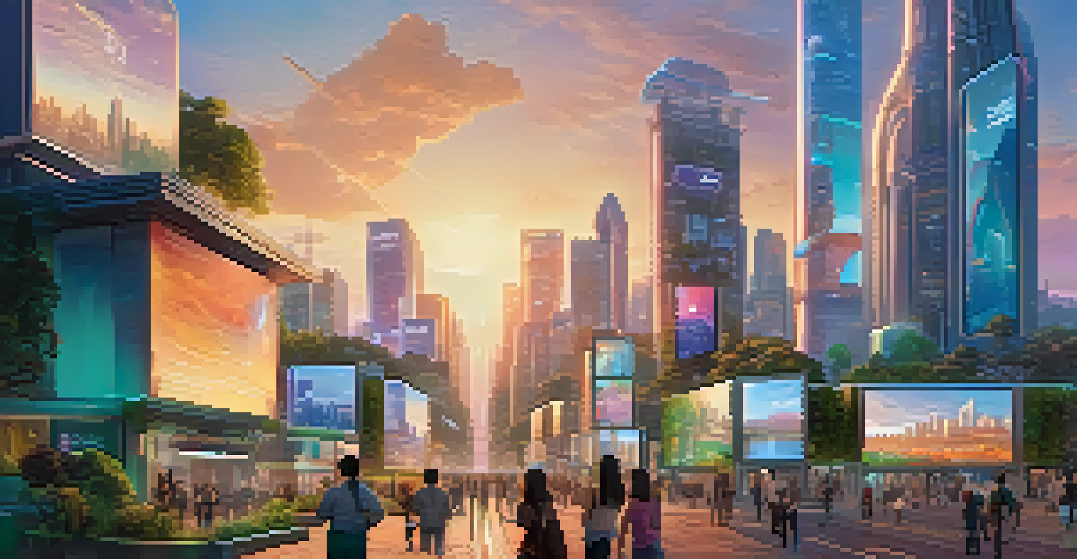 A futuristic cityscape with glass buildings and greenery, featuring digital billboards with diverse content, and people engaging with technology.