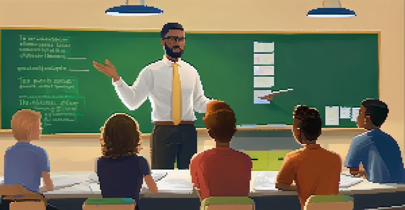 A teacher facilitating a discussion on ethics in gamification, with students attentively listening in a well-lit classroom.