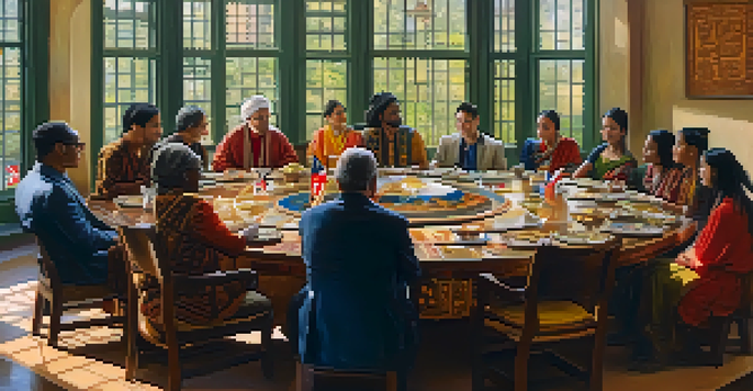 A diverse group of people in cultural attire engaged in discussion around a round table, with cultural artifacts around them.