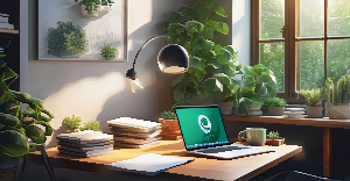 A modern workspace with a laptop, notebooks, and a cup of coffee illuminated by natural light through a window, surrounded by green plants.