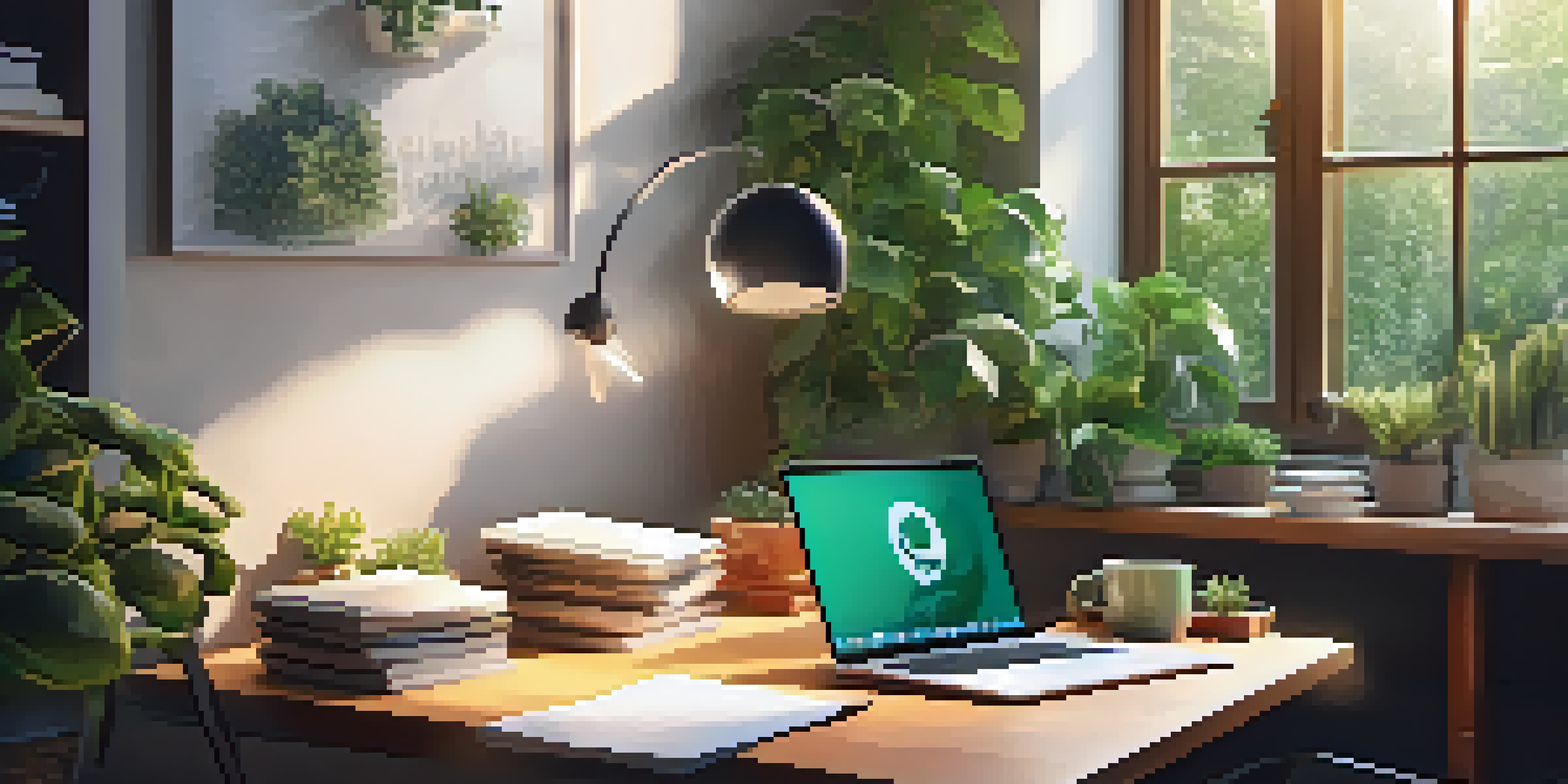 A modern workspace with a laptop, notebooks, and a cup of coffee illuminated by natural light through a window, surrounded by green plants.