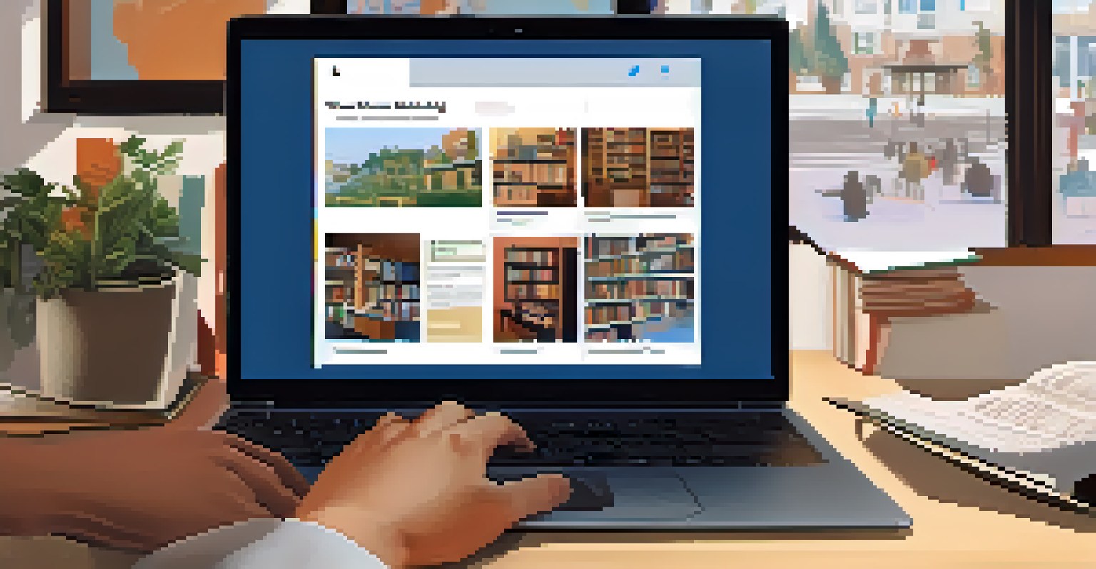 A close-up of a student's hands on a laptop during a virtual town hall meeting, with books in the background.