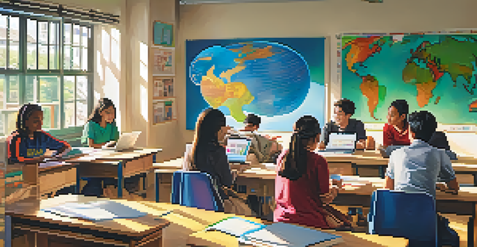 A classroom filled with diverse international students participating in blended learning, with laptops and group discussions.