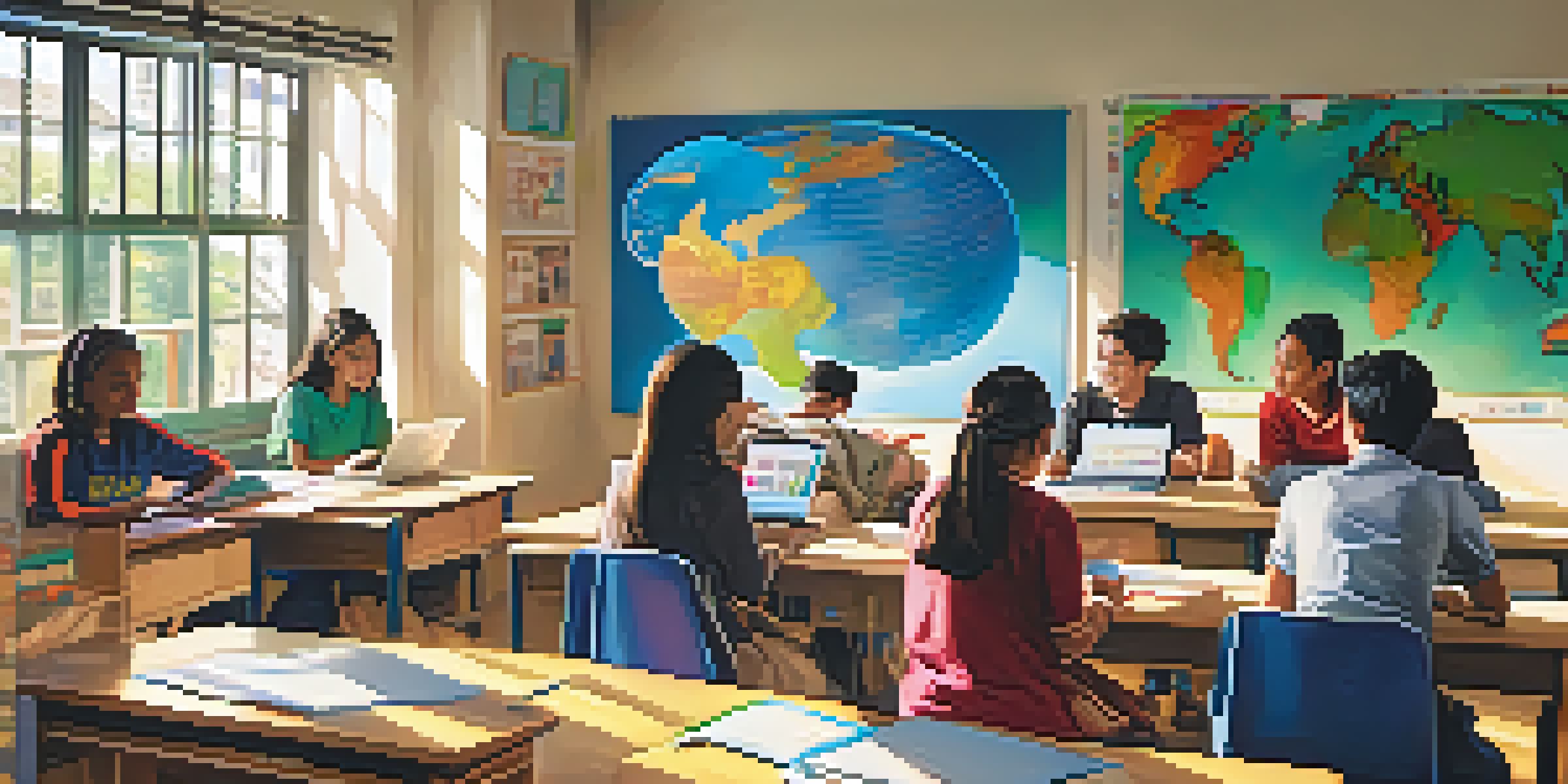 A classroom filled with diverse international students participating in blended learning, with laptops and group discussions.
