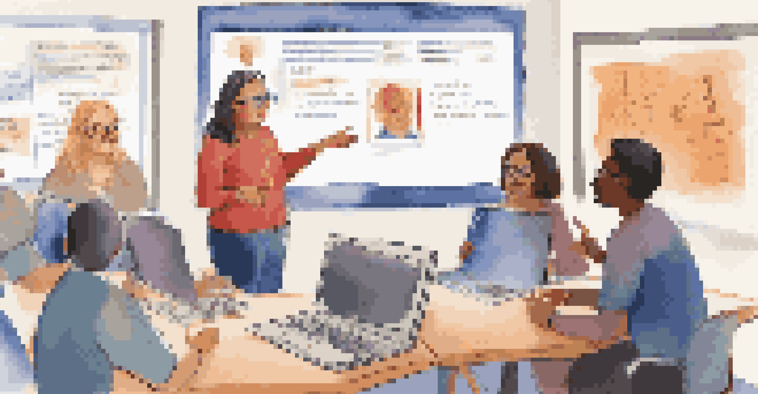 An instructor leading a synchronous online learning session, pointing at a screen showing students in discussion, surrounded by educational materials on her desk.