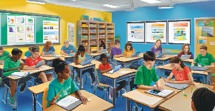 A vibrant classroom with diverse students using assistive technologies while a teacher guides them.