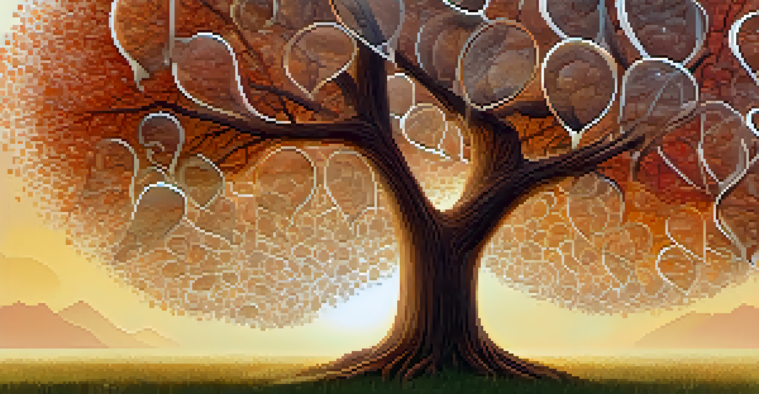 A tree made of speech bubbles with words from different dialects, set against a warm gradient background.