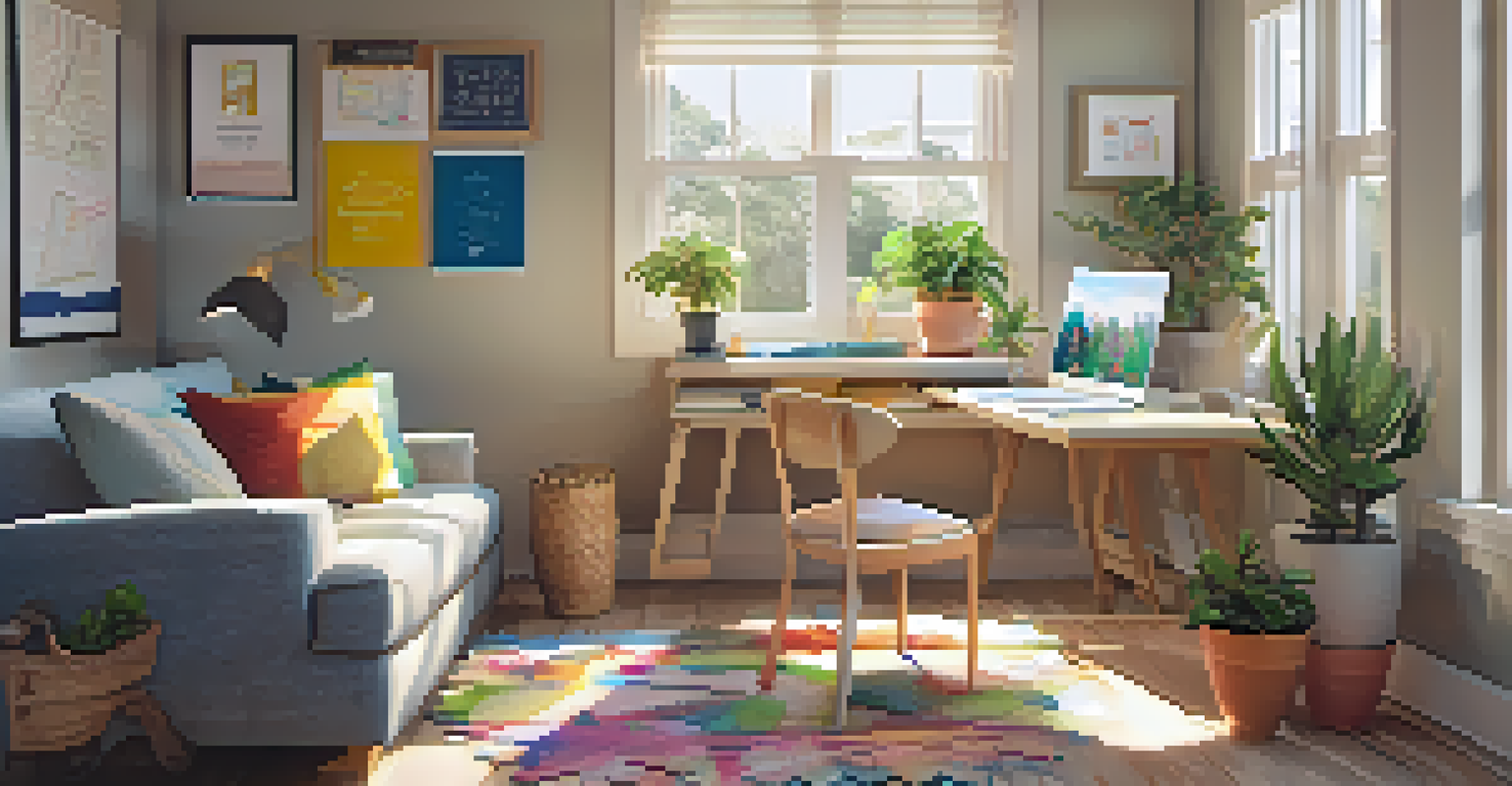 A cozy home study space with a desk, laptop, and personal items, bathed in warm sunlight, emphasizing a comfortable learning environment.