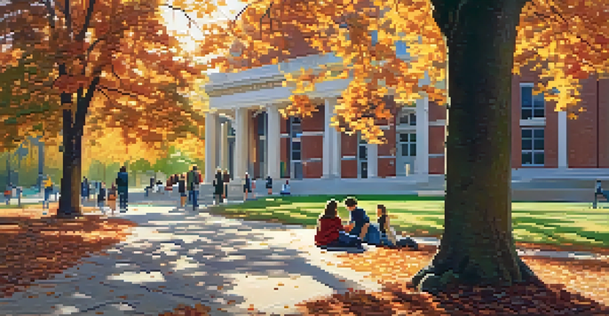 A peaceful college campus scene with students studying under an oak tree surrounded by autumn leaves and a fountain in the background.