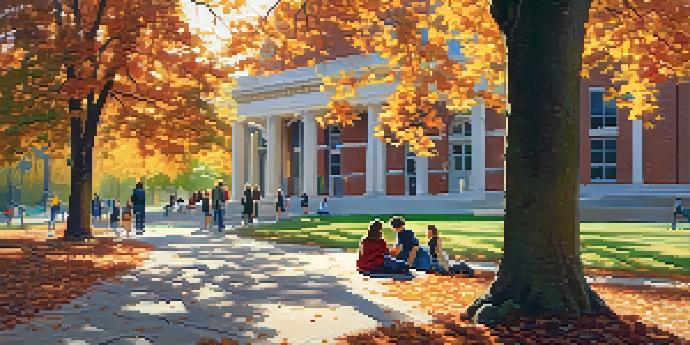 A peaceful college campus scene with students studying under an oak tree surrounded by autumn leaves and a fountain in the background.