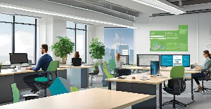 A bright modern office with employees participating in compliance training using laptops, surrounded by motivational posters and natural light.