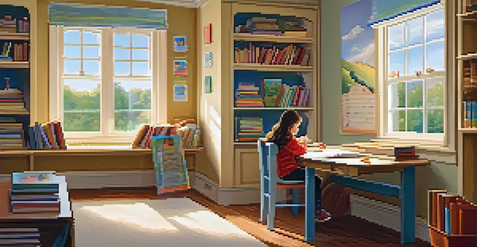 A child reading at a well-organized study desk with colorful educational charts on the walls, illuminated by soft natural light from a window.