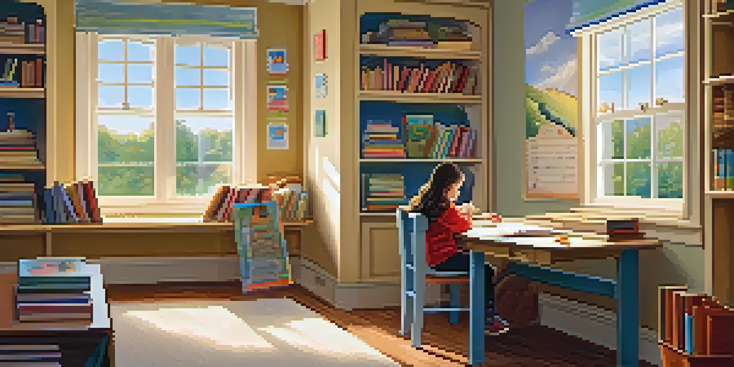 A child reading at a well-organized study desk with colorful educational charts on the walls, illuminated by soft natural light from a window.