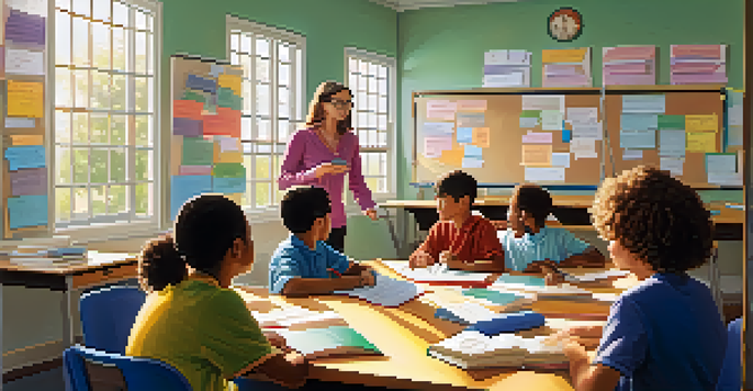 A classroom with students engaged in a grammar lesson, showing a teacher at a whiteboard with colorful grammar structures.