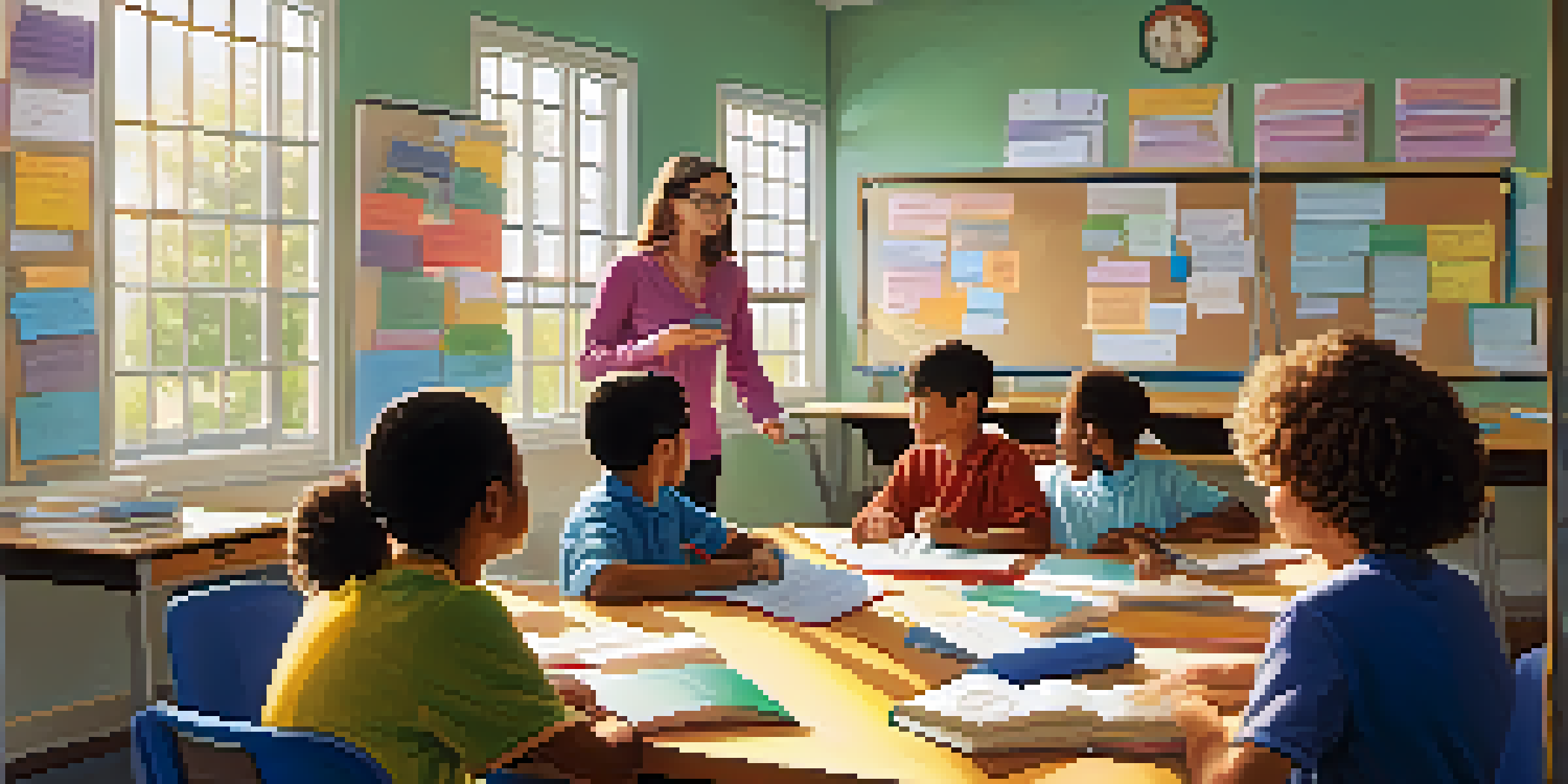 A classroom with students engaged in a grammar lesson, showing a teacher at a whiteboard with colorful grammar structures.