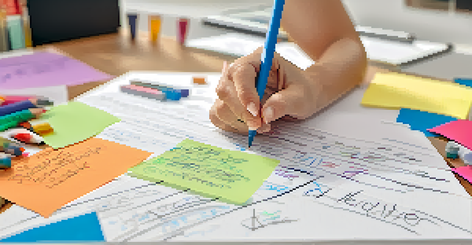 Close-up of a teacher writing on a whiteboard surrounded by colorful markers and educational materials.