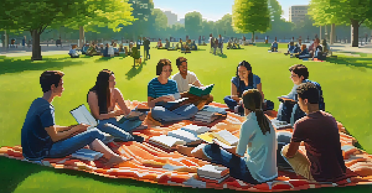 Students in a park engaged in peer learning discussions on blankets, surrounded by trees and sunlight, showcasing collaboration.