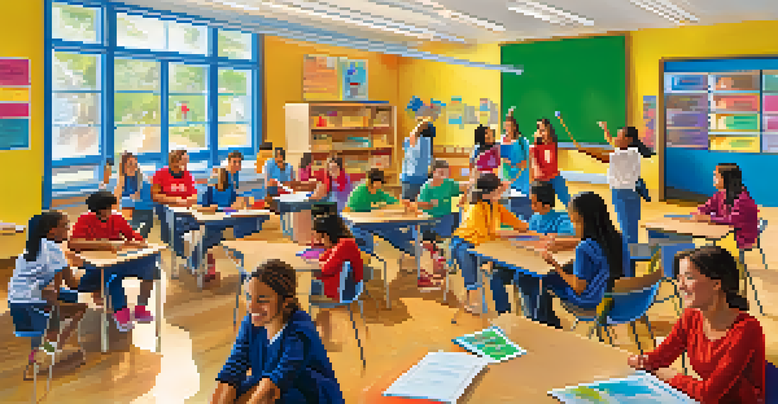 Educators and students engaging in collaborative learning activities in a lively school environment.