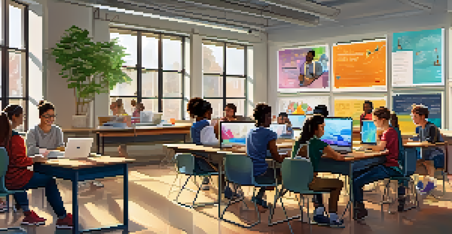 A diverse group of students engaged in a lively digital classroom, using laptops and tablets.