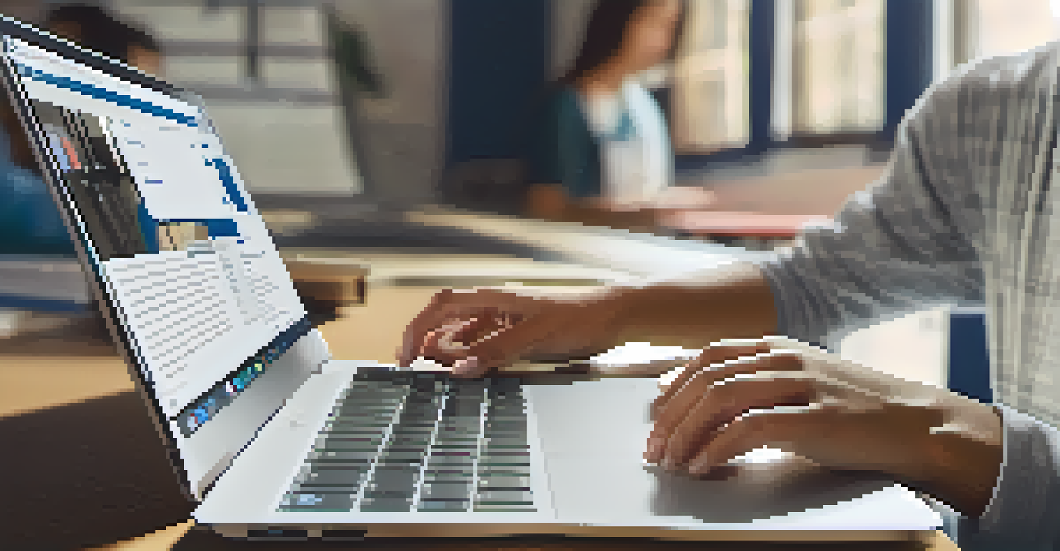 A close-up of a student's hands on a laptop, showing an essay being graded by an AI system, with a blurred background.