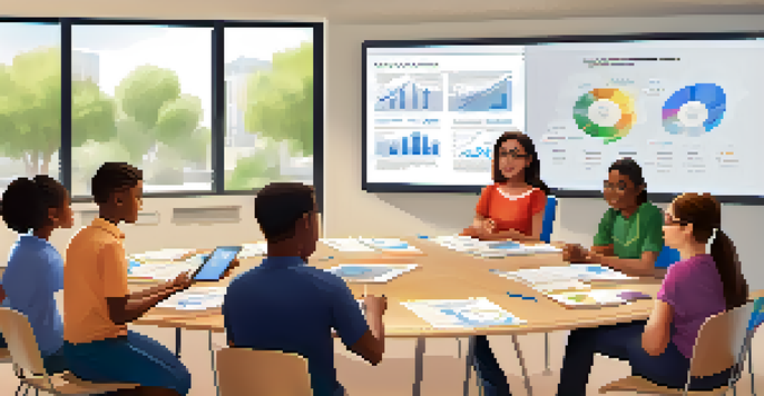 A diverse classroom with students collaborating and discussing their learning analytics reports with a teacher guiding them.