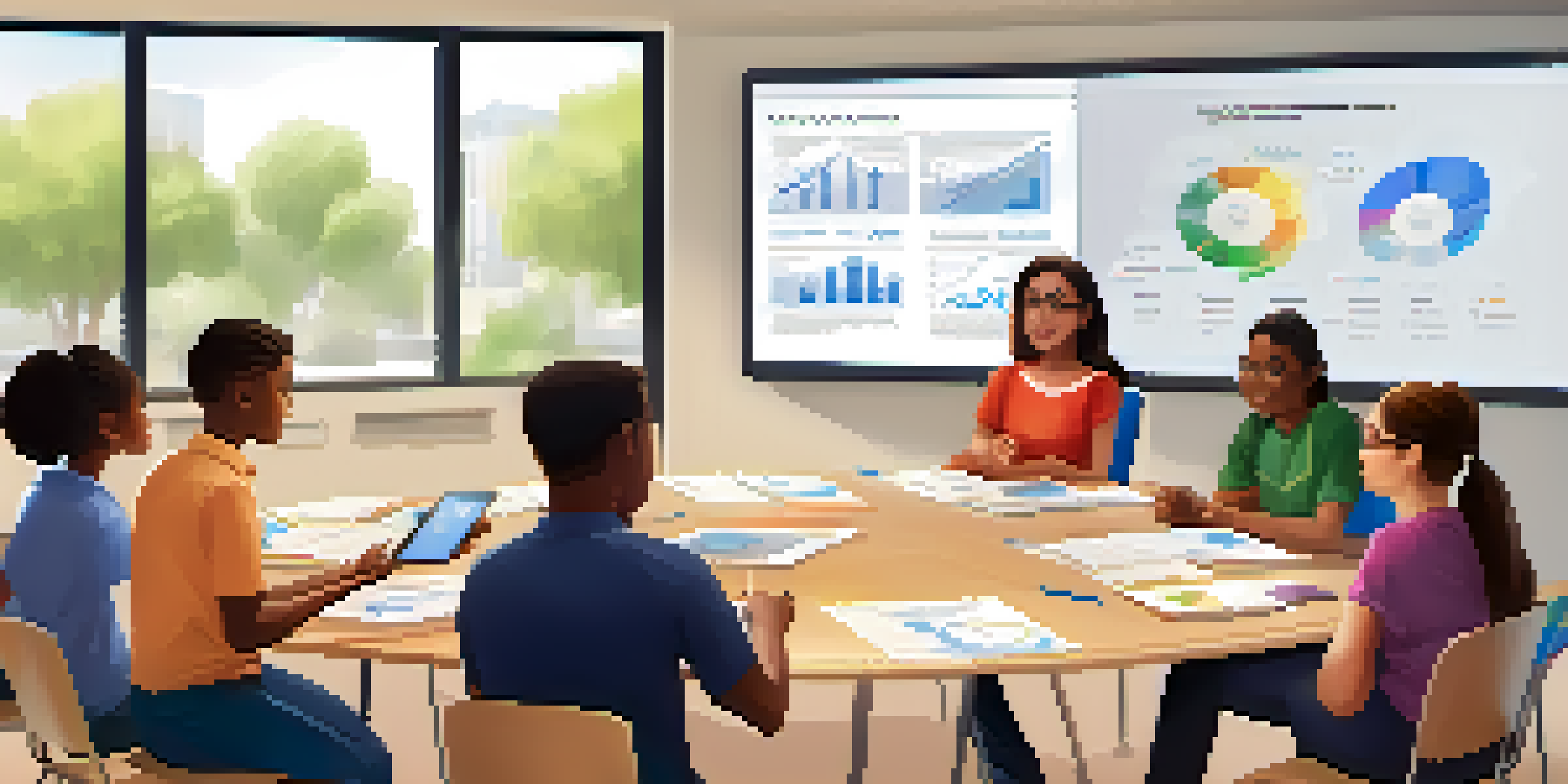 A diverse classroom with students collaborating and discussing their learning analytics reports with a teacher guiding them.