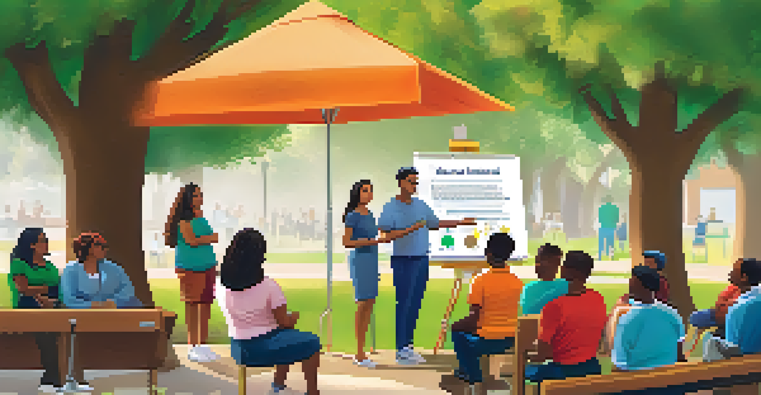 An outdoor community workshop on financial literacy with a mentor speaking to a group of participants in a park.