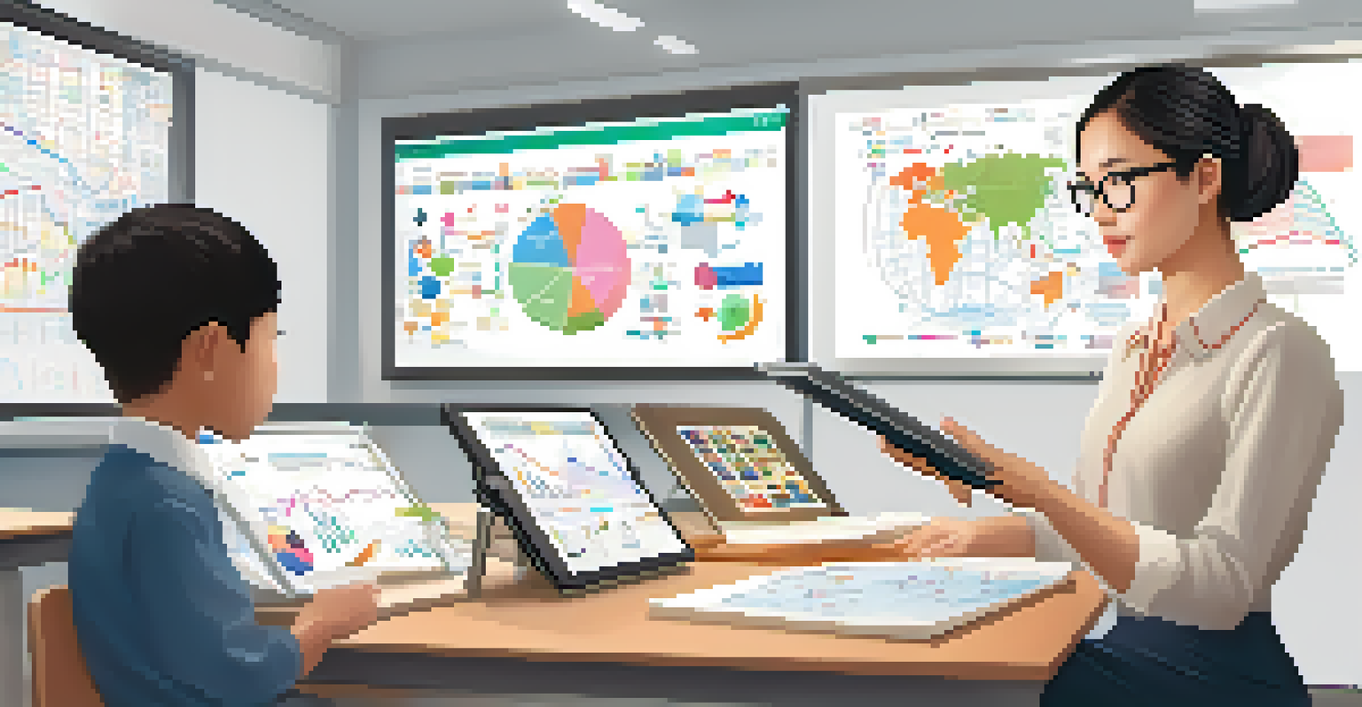 An Asian female educator analyzing student data on a digital tablet in a modern classroom filled with educational materials.