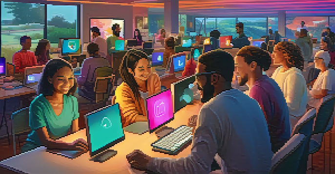 A diverse group of individuals happily engaging in an online community at their computers, symbolizing positive digital interactions.