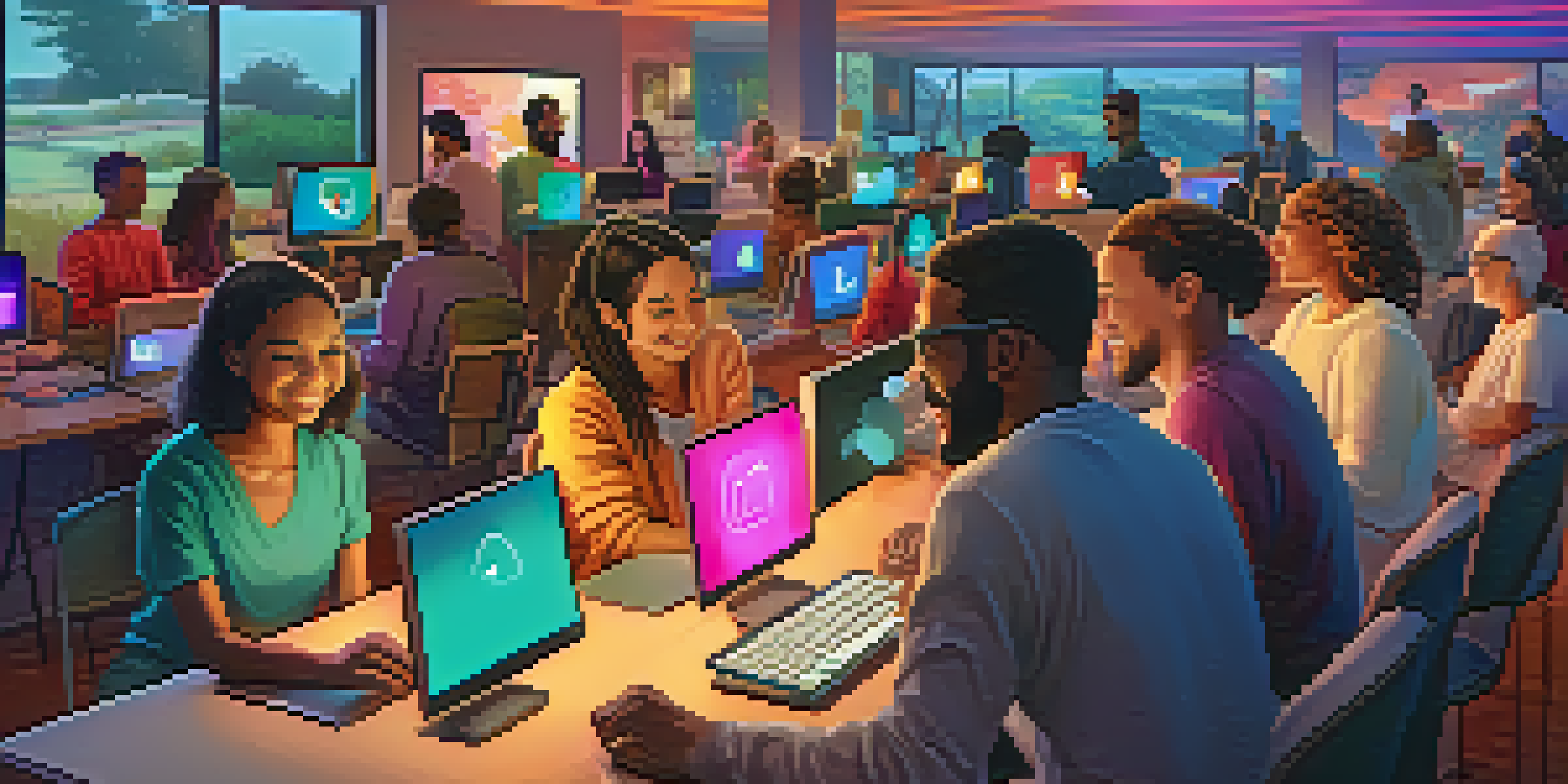 A diverse group of individuals happily engaging in an online community at their computers, symbolizing positive digital interactions.