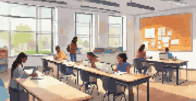 A vibrant classroom filled with students actively participating in blended learning, using laptops and collaborating on projects with a teacher providing guidance.