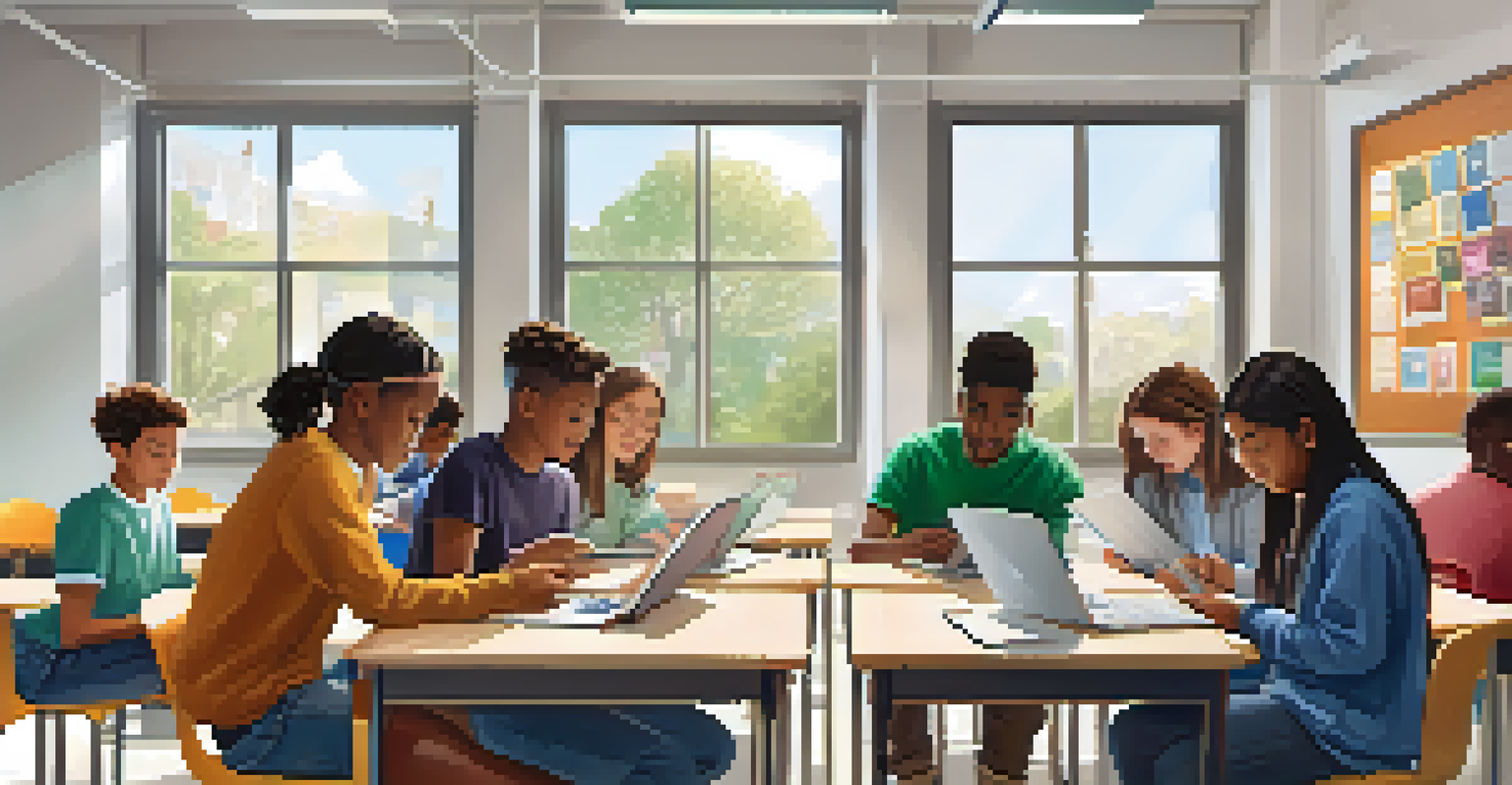 Diverse students collaborating and reviewing digital portfolios in a bright classroom.