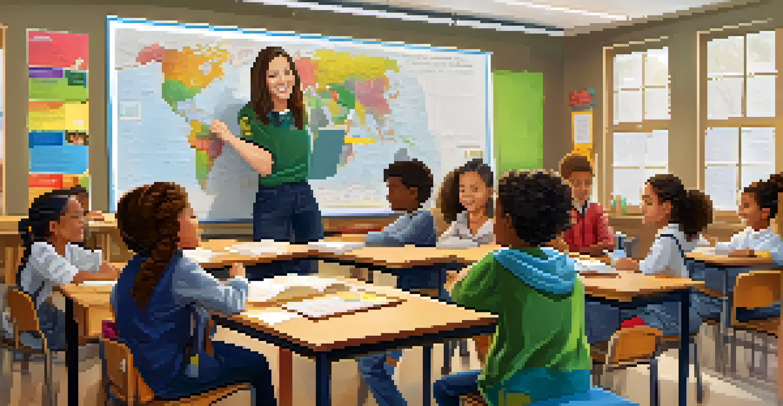 A teacher guiding students in a collaborative project in a colorful classroom, fostering an inclusive environment.