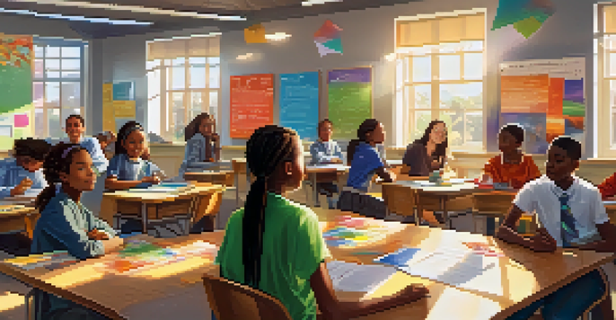 A classroom with diverse students working together, with a teacher guiding them. Bright and colorful environment with sunlight coming through windows.