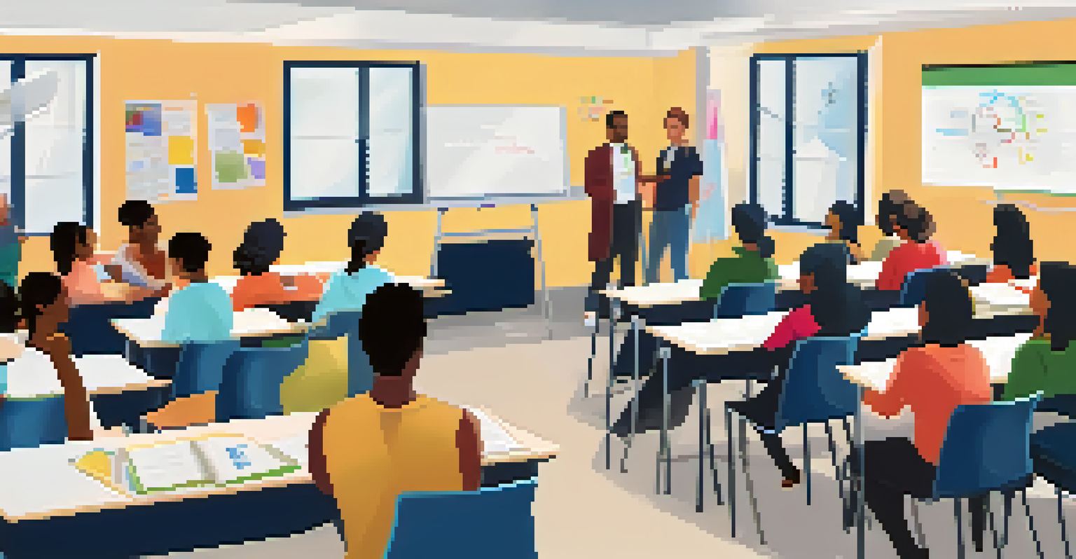 A diverse group of educators engaged in a training session, collaborating on inclusive teaching strategies in a modern classroom environment.