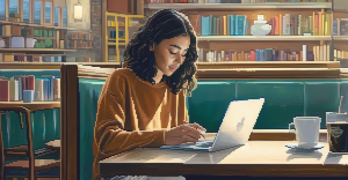 A student studying in a cozy café, equipped with a laptop and smartphone, surrounded by warm lighting and books.