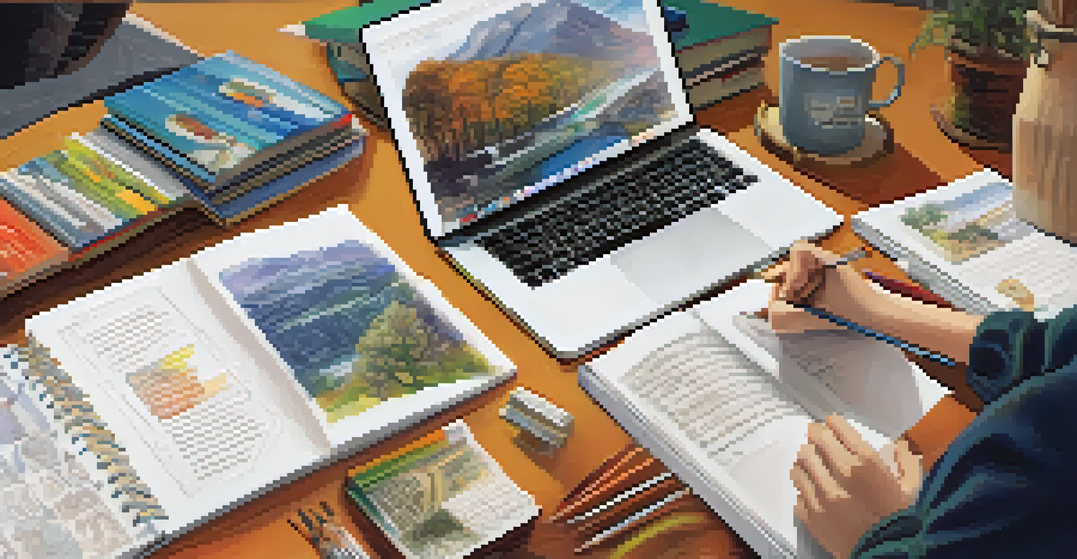 A close-up of a student's hands organizing an interdisciplinary project portfolio with art and science elements.