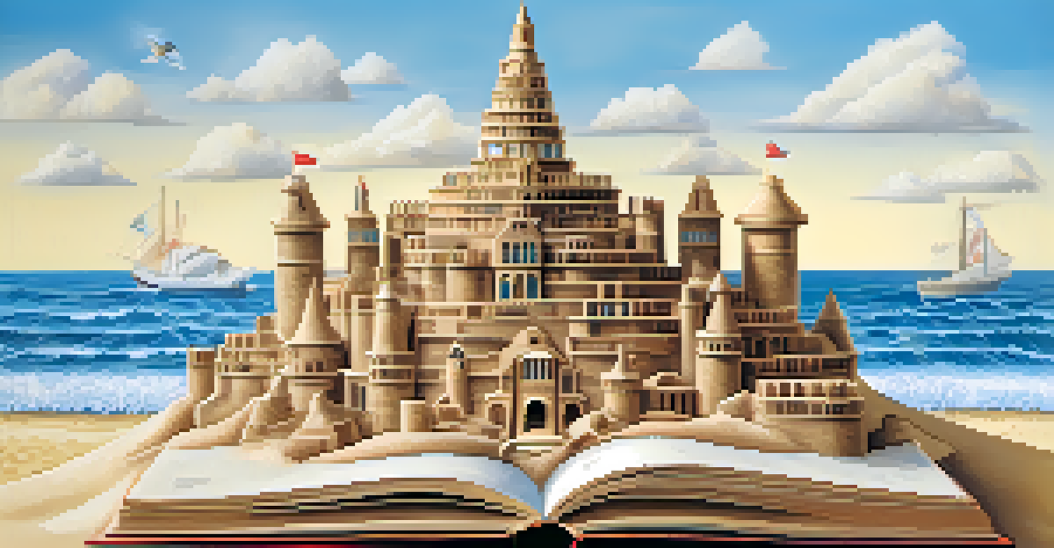 A sandcastle constructed from books and digital devices, set against a bright blue sky and gentle waves, representing constructivist learning.