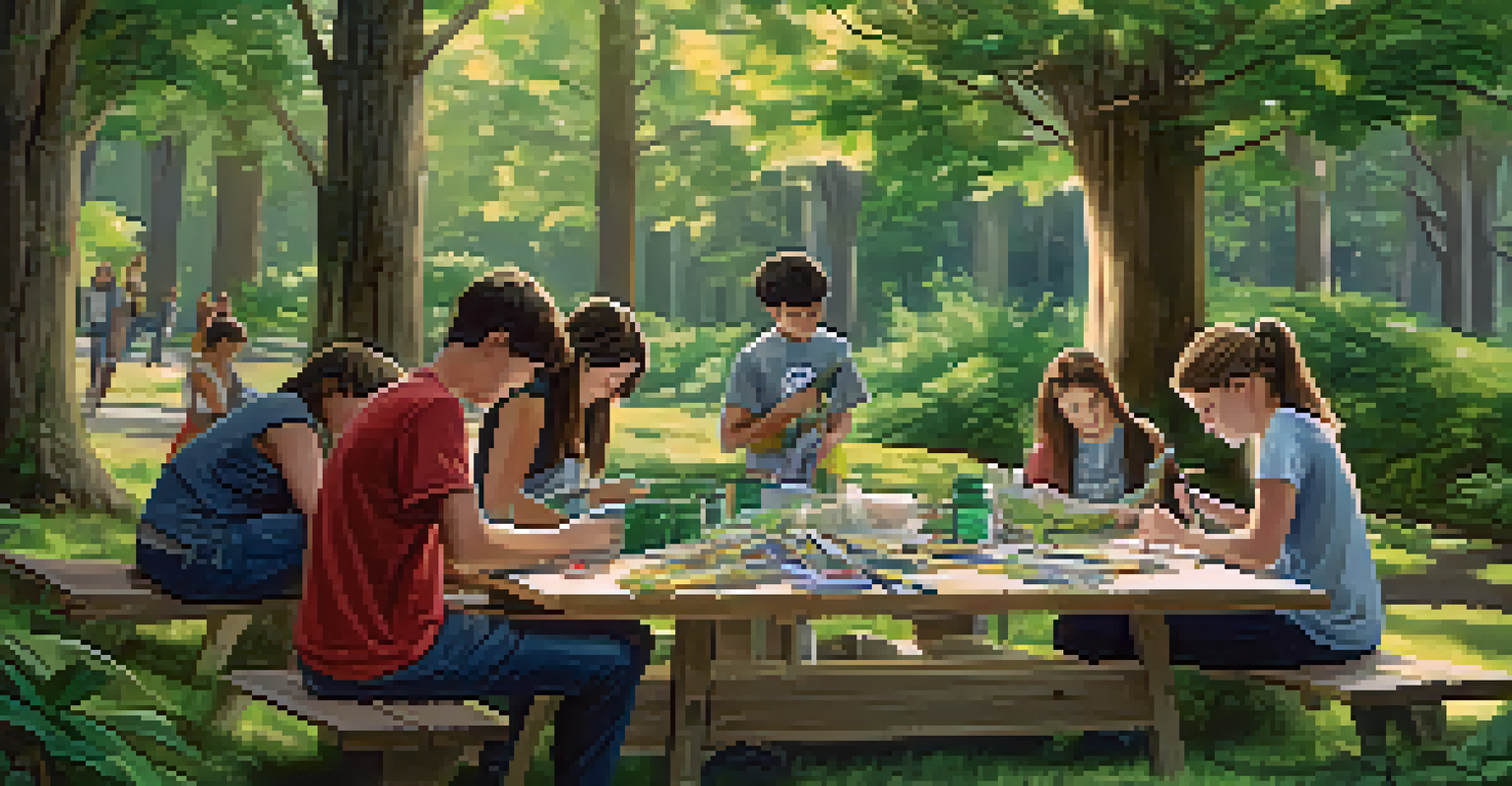 Students working together outdoors on an environmental project, using recycled materials in a green, natural setting.