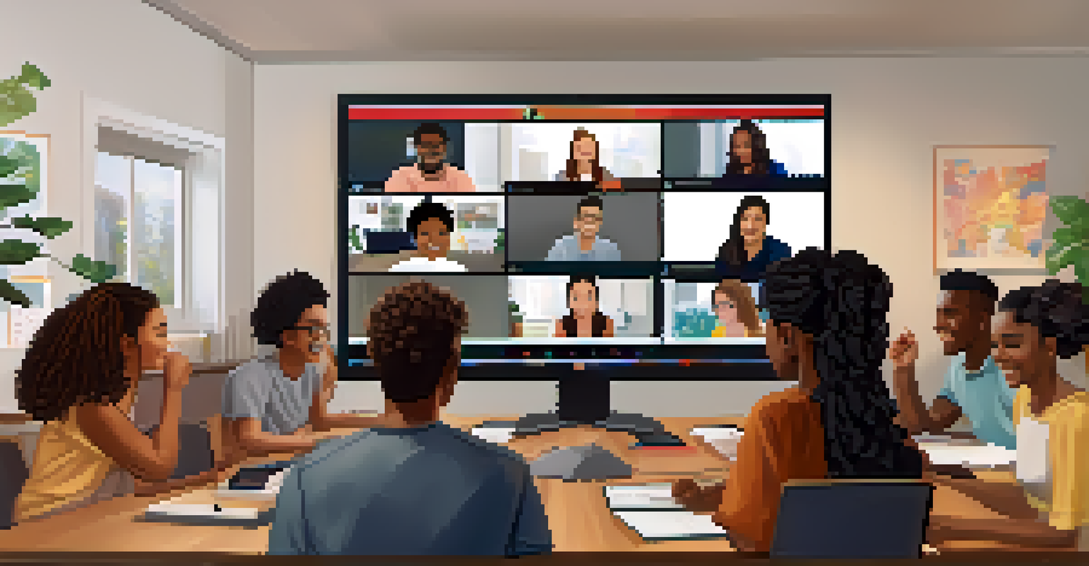 Diverse students engaged in a virtual meeting, with multiple video feeds displayed on the screen, showcasing their home environments.