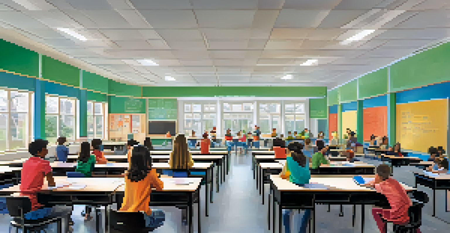 A split image showing a traditional classroom with rows of desks and a lecturing teacher on one side, and a lively student-centered classroom with collaborative groups on the other side.