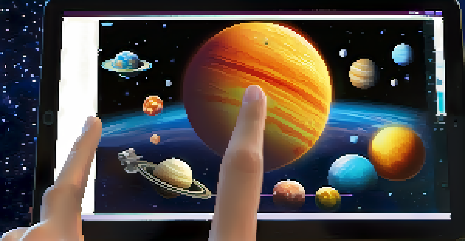 A close-up of a tablet showing 3D models of planets in an augmented reality app, with a student's hand reaching to interact.