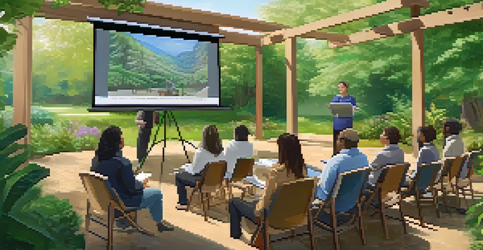 Educators outdoors at a workshop learning about AI tools, with a facilitator and greenery around them.