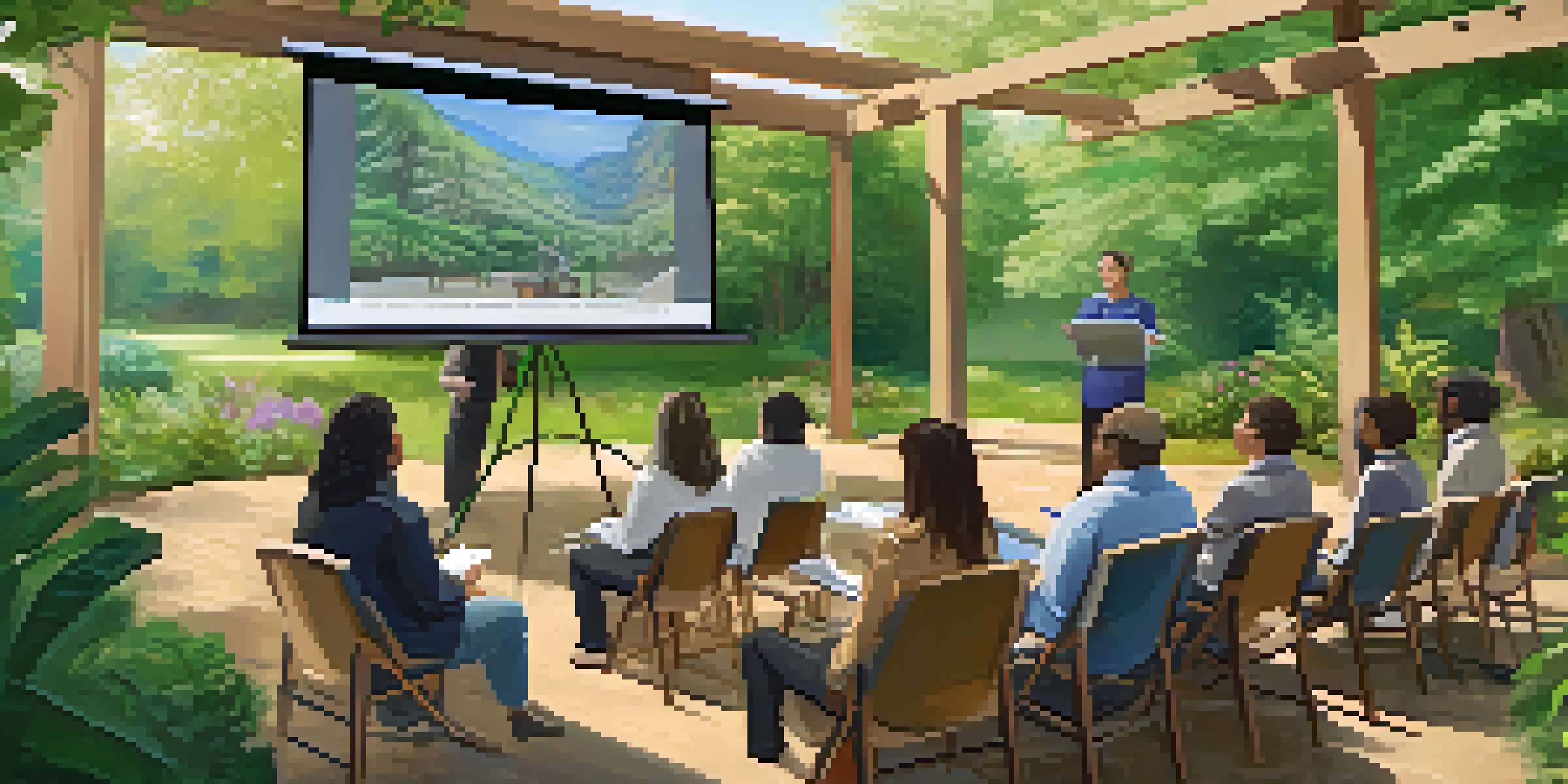 Educators outdoors at a workshop learning about AI tools, with a facilitator and greenery around them.