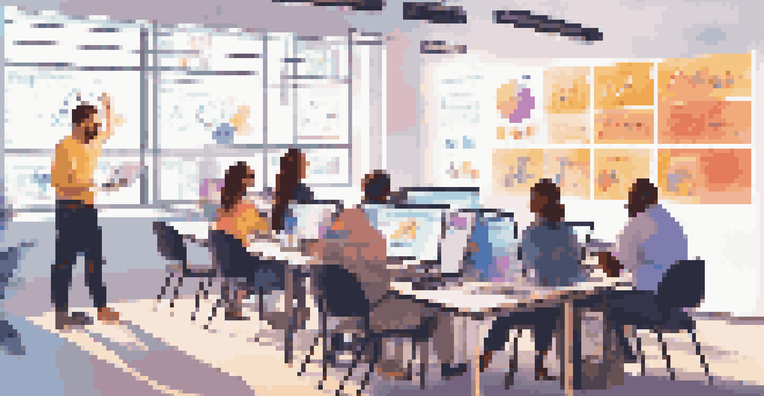 A digital marketing workshop with adults focused on their laptops, surrounded by motivational posters and natural light.