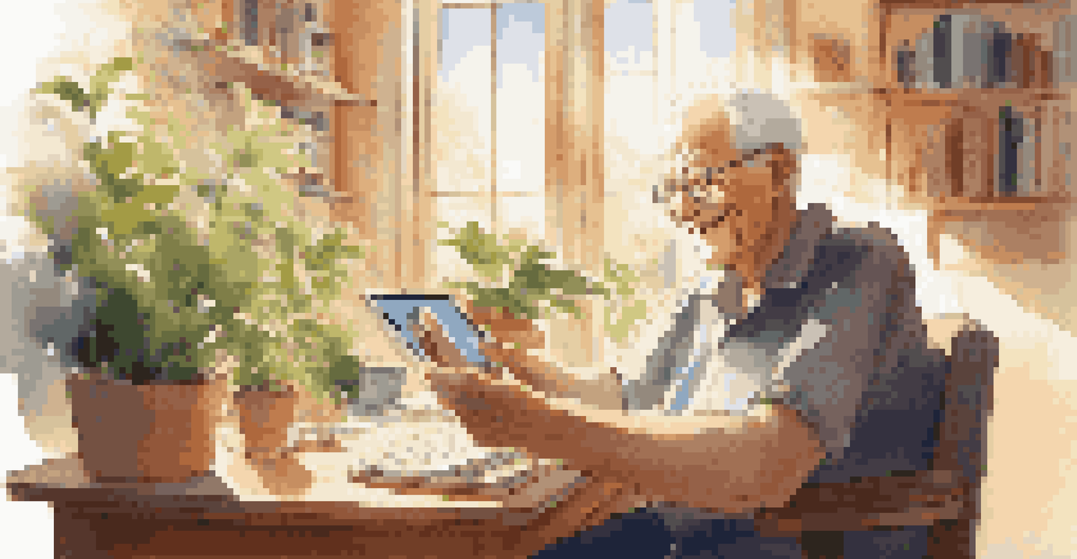 An elderly man happily using a tablet at a desk, with a view of a sunny day outside and a video call with family members on the screen.