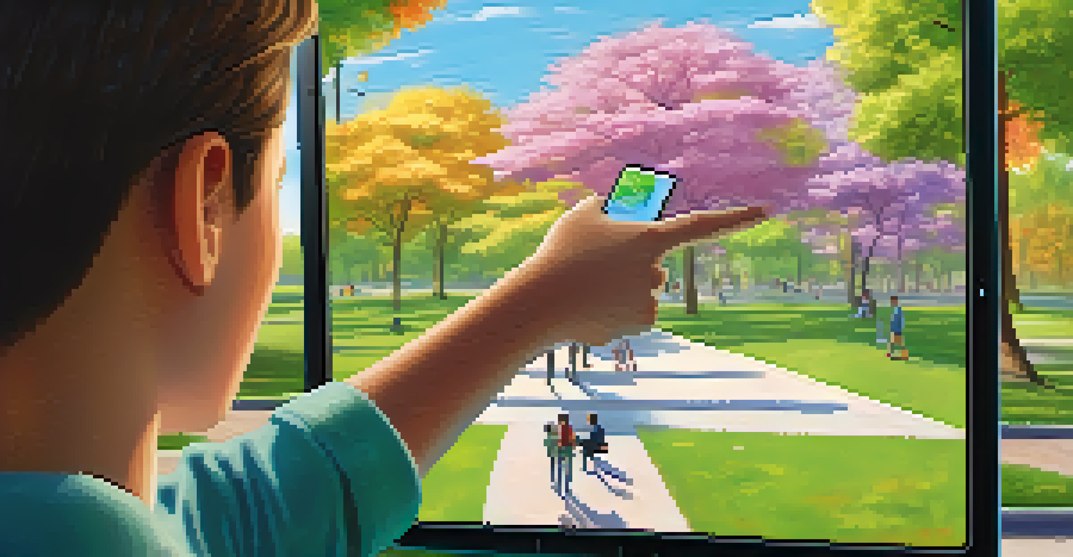 A student using a smartphone to interact with augmented reality vocabulary words in a sunny park setting.