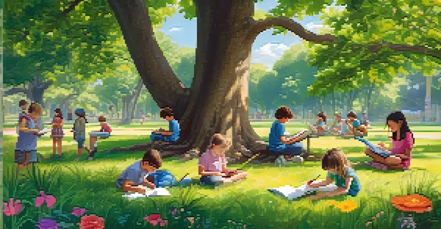 Children exploring nature in an outdoor setting, observing insects and sketching under a tree.