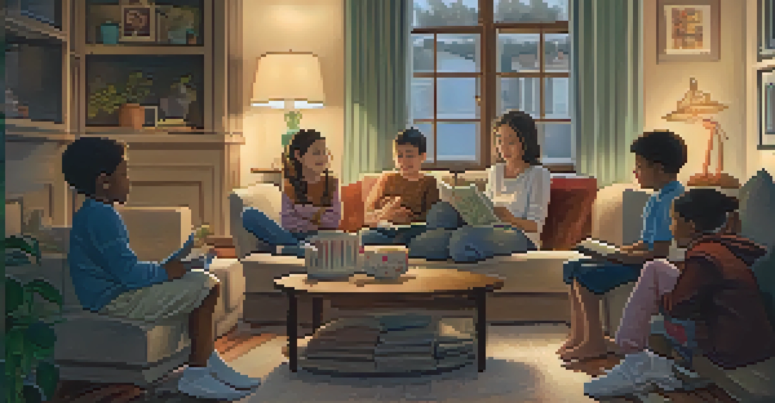 A grandmother sharing stories with children in a cozy living room, surrounded by family photos and a warm atmosphere.